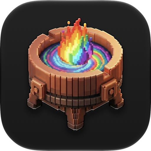 The Pixxxel app icon: a pixel-art wooden cauldron with a swirling rainbow vortex and a rising rainbow flame