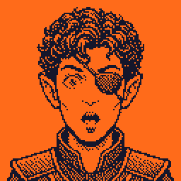 A young person with short dark hair, in an orange palette, pixel art made in Pixxxel