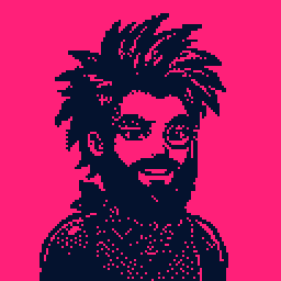 A bearded man with spiky locks, in a pink palette, pixel art made in Pixxxel