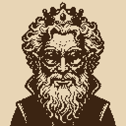 An old man with wild hair and a long beard, in a sepia palette, pixel art made in Pixxxel