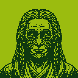 A long-haired, bearded figure in a green Game Boy-style palette, pixel art made in Pixxxel