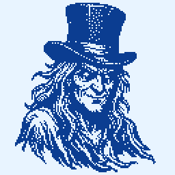 A bearded man in a top hat, in a blue palette, pixel art made in Pixxxel