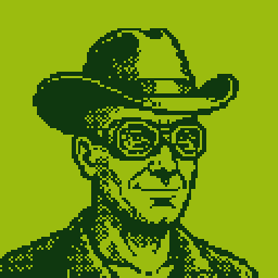 A man in a cowboy hat, in a green palette, pixel art made in Pixxxel