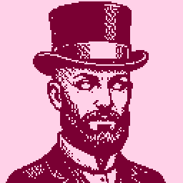 A mustached man in a top hat, in a pink palette, pixel art made in Pixxxel