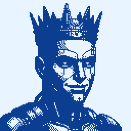 A figure with a spiky crown, in a blue palette, pixel art made in Pixxxel