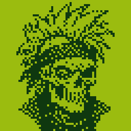 A skull-faced character with wild hair, in a green palette, pixel art made in Pixxxel