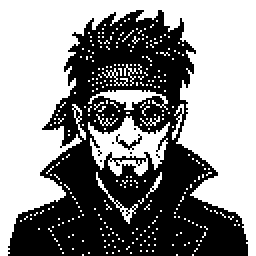 A man with slicked-back hair, dark glasses and a high collar, pixel art made in Pixxxel